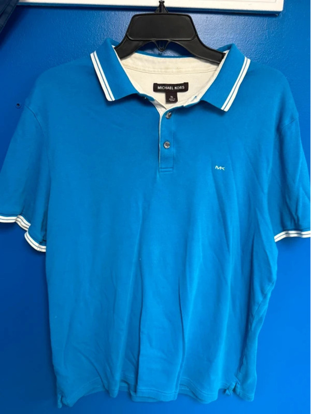 Michael Kors Mens XL Bright Blue Tipped Short Sleeve Polo Shirt MK Logo